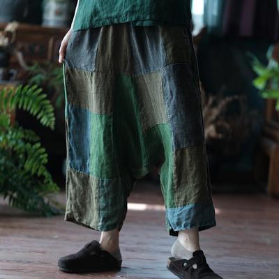 Frauen Vintage Breite Bein Hosen Elastische Taille Patchwork Farbe Hosen Herbst Lose Frauen Hosen