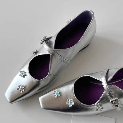 Small Square Head Inner Height Increase Silver Mary Jane Women's Shoes French Rhinestone Flower Word with Light Mouth Single Shoes