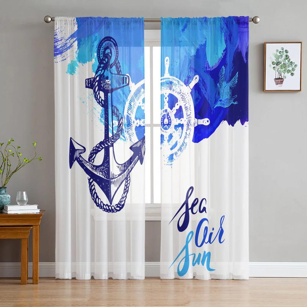 Båt Ankare Ränder Rektangel Vit Tyll Skira Fönstergardiner för Vardagsrum Sovrum Modern Voile Organza Gardiner Draperier