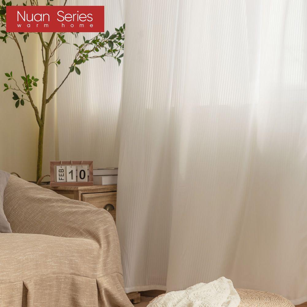 1PC Nuan Series Fabric Upgrade Solid Color Stripe White Tulle Curtain Warm Sheer for Bedroom Living Home Window Decoration