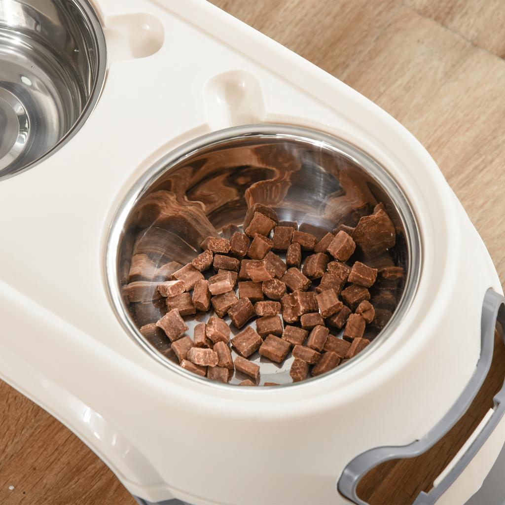 Double Raised Dog Bowl In Stainless Steel and Plastic with Non-Slip Feet, 47x25x20cm, White and Grey