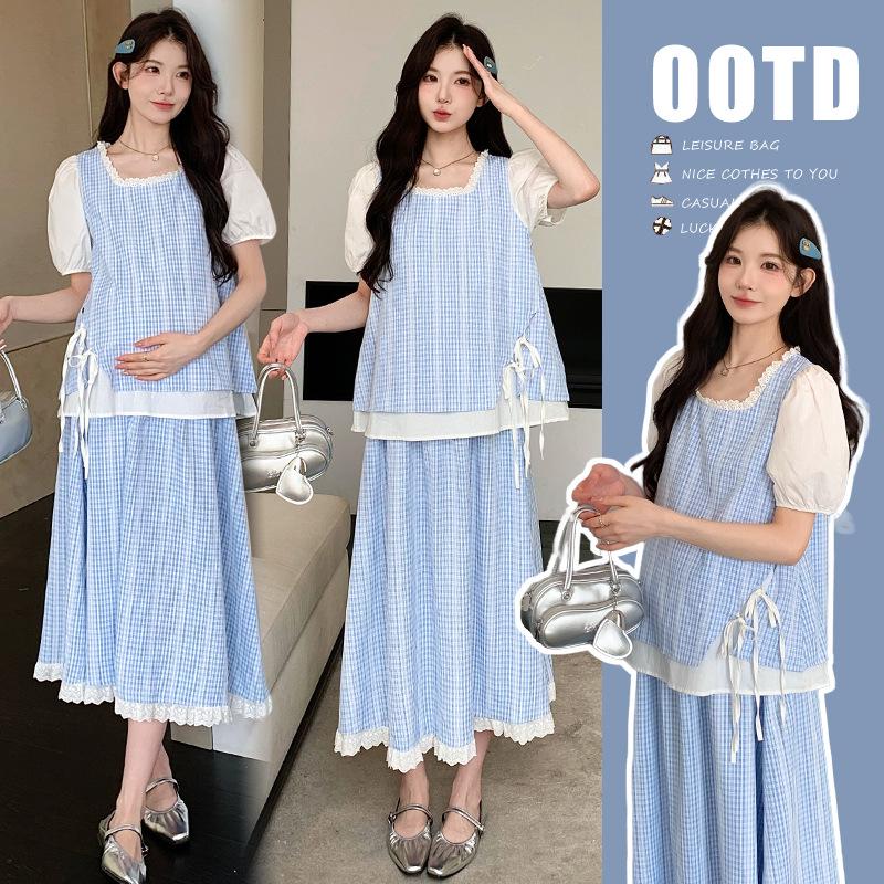 Elegant Summer Plaid Lace-Up Top & Lace Skirt Maternity Set M