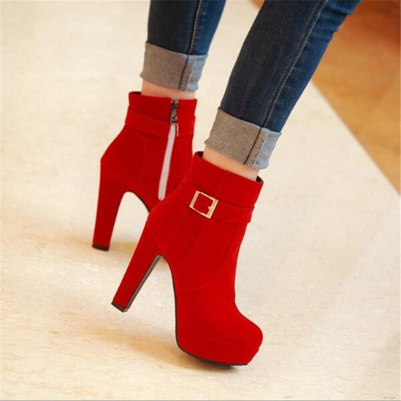 Fashion Ankle Boots Women Platform High Heels Side Zipper Short Boots Female Party Office Shoes Women Thick Plush Snow Boots 43