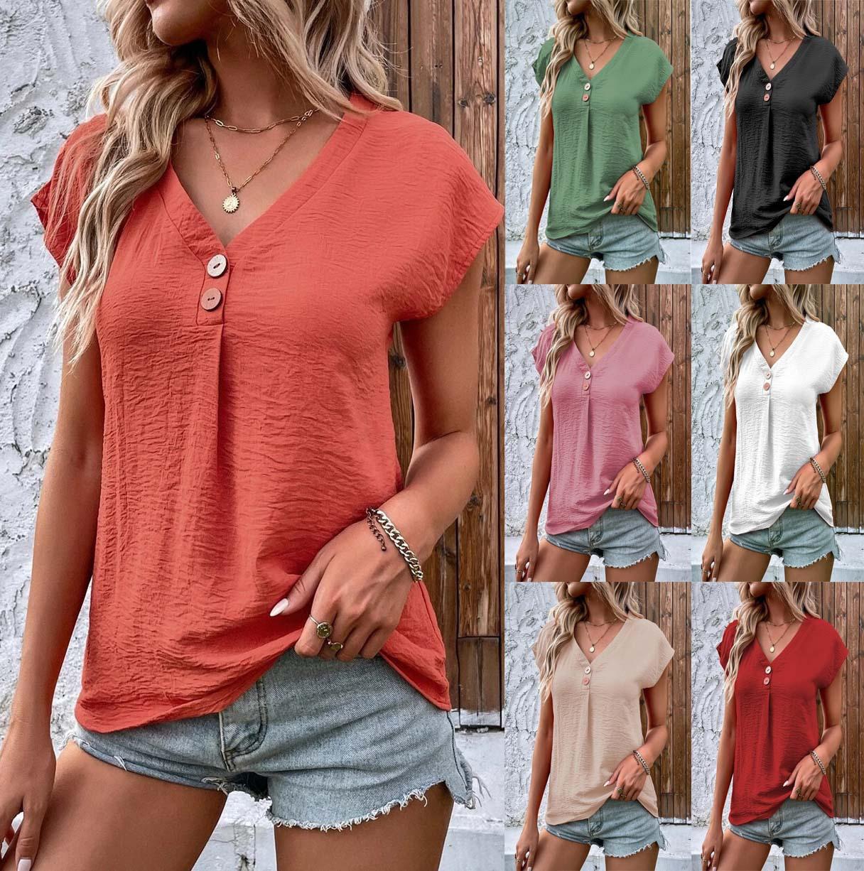 

Женская футболка с v-образным вырезом и пуговицами, свободная повседневная рубашка с рукавами «летучая мышь» S оранжевый
