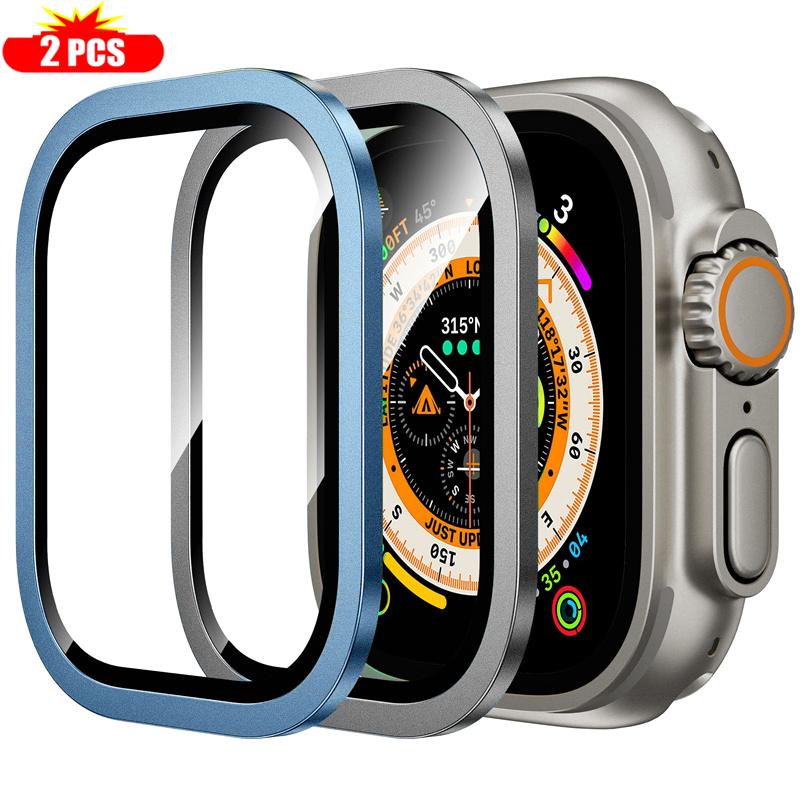 2 Stück gehärtetes Glas für Apple Watch Ultra 49mm Titan Metallrahmen Kratzschutzfolie Serie Ultra 2 Displayschutz Zubehör