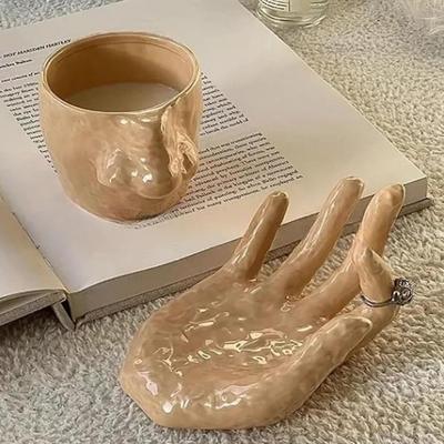 Yousheng Lustige Nasenbohrer Tasse und Teller Set Handgemachte Keramik Tasse 410ml Nase Kaffeetasse Stifthalter Make-up Pinsel Organizer Einzigartige Elefant Gag Geschenke