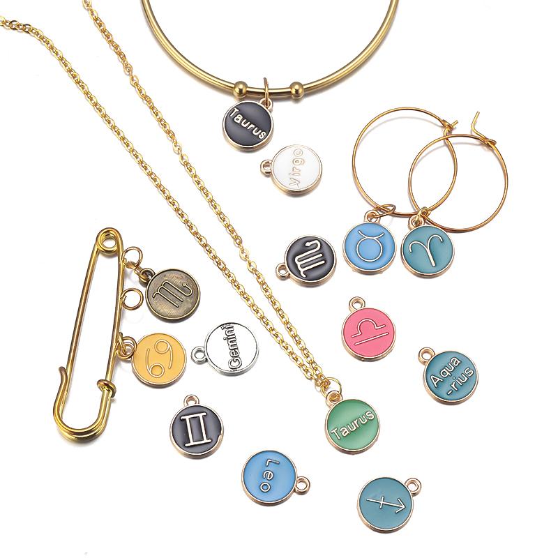 12Pcs/lot Alloy Drip Oil Charm Color Twelve Constellations Enamel Pendant for Jewelry Making DIY Bracelet Necklace Accessories