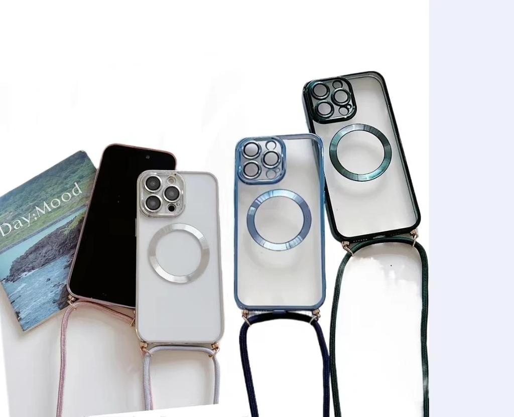 Electroplated transparent magnetic Magsafe wireless charging case suitable for iPhone 16 15 14 12 13 Pro Max  neckla case