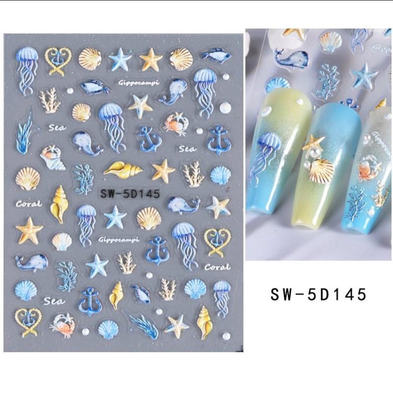Jellyfish Summer Beach Nail Stickers Colorful Shell Starfish Conch Fish Adhesive Sliders Embossed Decals Manicure Foils Decor