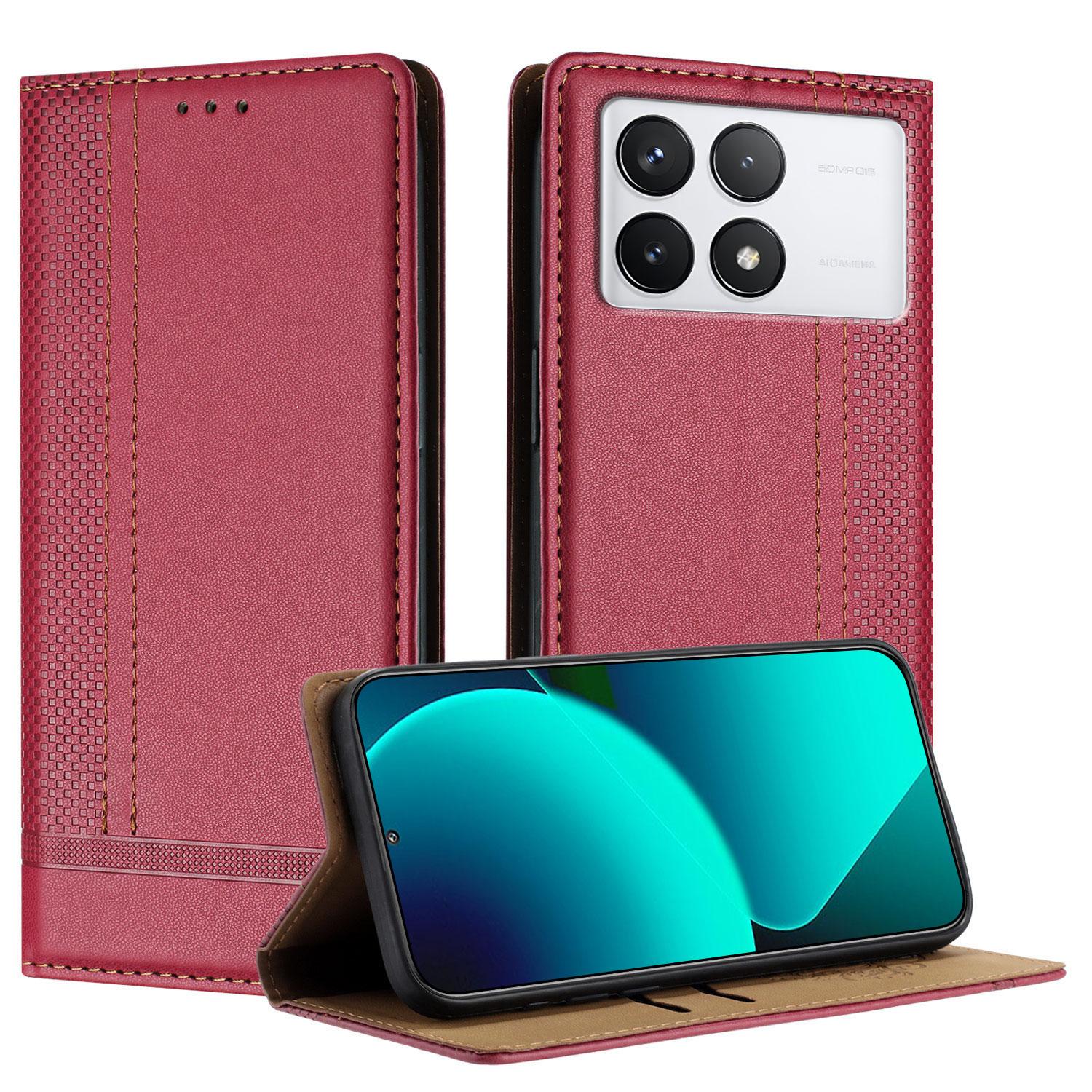 

For Xiaomi 14T Pro Case L-Shaped Grid Pattern Leather Stand Phone Cover with Card Slots Red