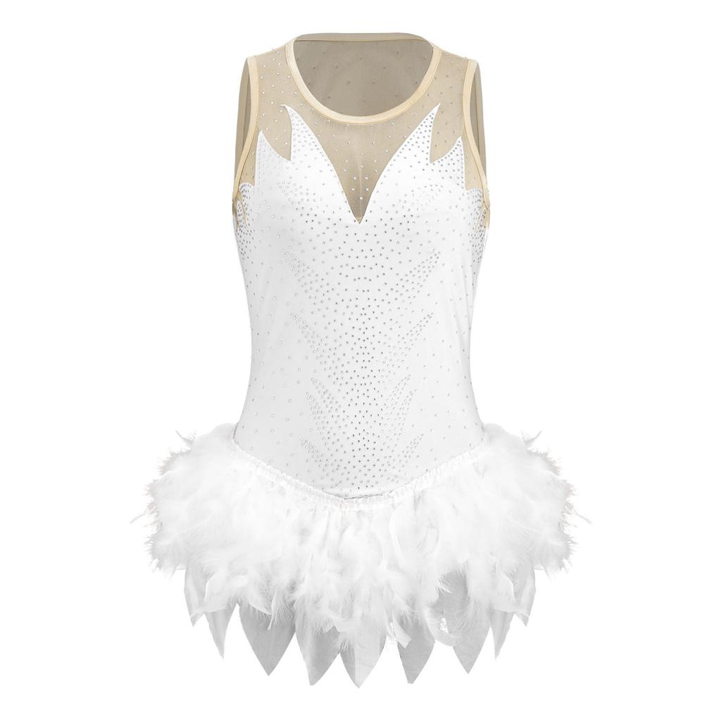 Body da ginnastica femminile con strass, piume soffici, orlo irregolare, senza maniche, con bottoni all'inguine