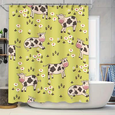 Animal Print Shower Curtain Yellow with Cow Pattern Waterproof Bathroom Decor