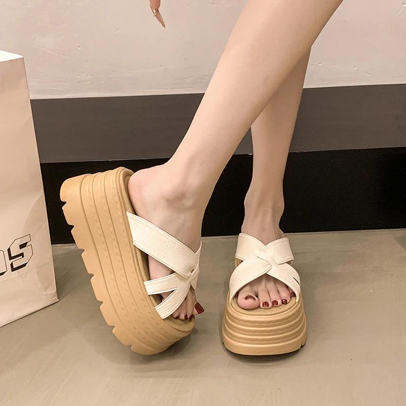 Fashion 8CM Women Summer Leather Chunky Slippers High Platform Flip Flops Wedge Heels Slides Sweet Girl Sandals Open Toe Beach Slippers