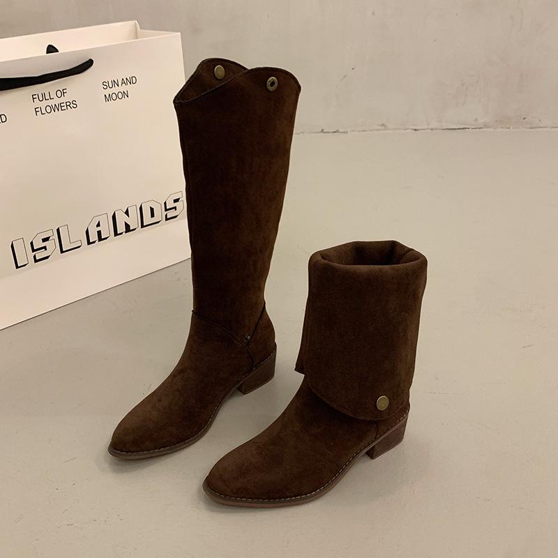 

Но женские ботфорты 2025 весна и осень новые два способа ношения острый носок толстый каблук западные ковбойские сапоги высокие сапоги рыцаря 42 коричневый
