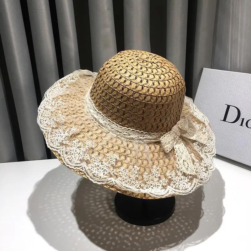 WTEMPO Elegant Lace Patchwork Large Brim Foldable Sun Hats Solid Color Casual Versatile Summer Sunscreen Beach Straw Hats