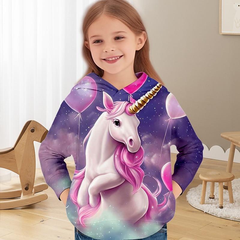 

Girls 3D Unicorn Hoodie Pullover Long Sleeve 3D Print Fall Winter Active Fashion Cute Kids 3-12 Years Outdoor Casual Daily Regular Fit 1112 Years160cm