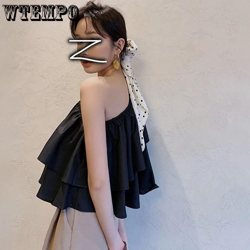Sweet Off Shoulder Ruffled Top Women White Short T-shirt High Waist Navel Expose Sexy Desire Sleeveless Sloping Shoulder Summer