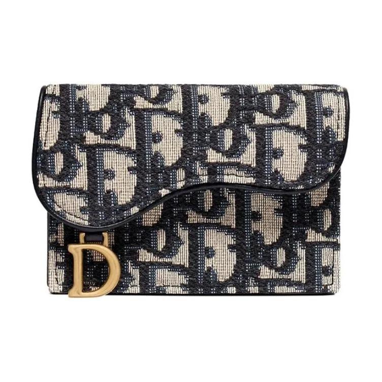 DIOR Classic Oblique Allover Print Embroidered Flap Thin Wallet Leather Card Holder Women's Denim Blue