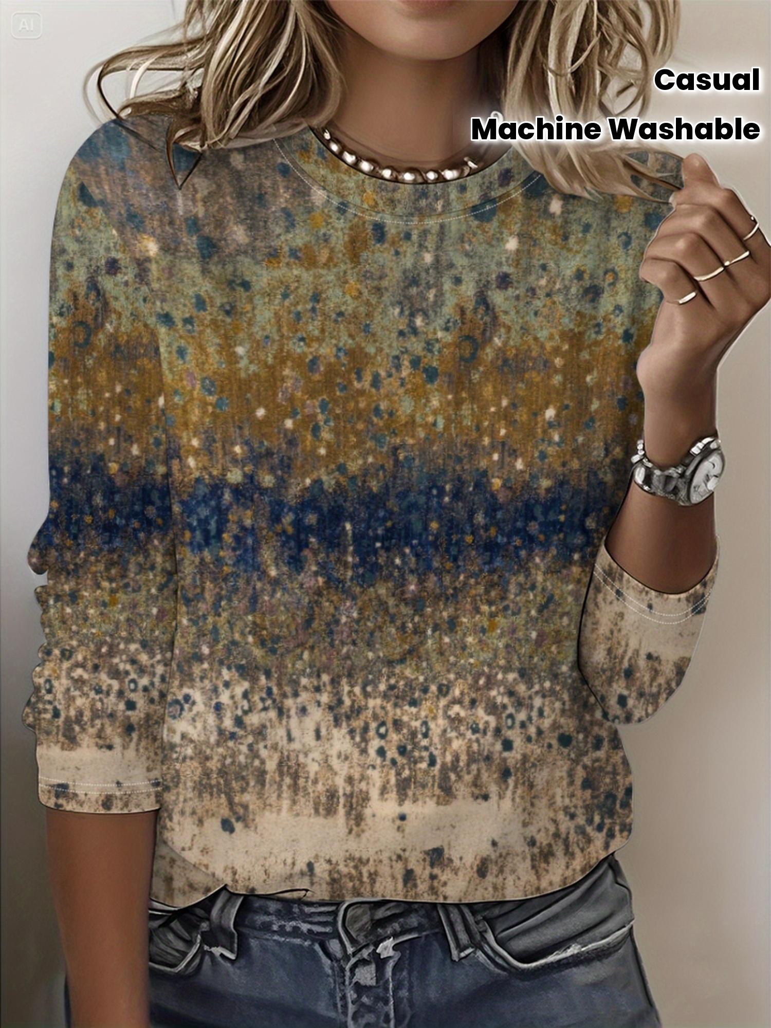 

Women s Casual Long Sleeve Crew Neck T-Shirt - Blue, Gold & White Abstract Graphic Print | Machine Washable Spring and Fall Top, Opaque Fabric S