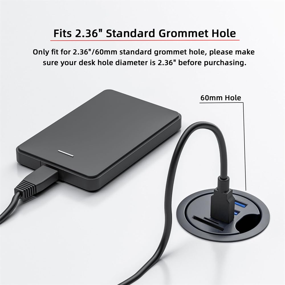 NFHK USB Hub with USB 60mm Desk Grommet Splitter Dock Station with Micro SD Card Reader for Desktop PC 3.0 SD, TF, USB-C, 2-Port