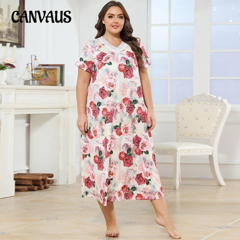 Women's Home Wear Pajama Set - V-neck Lace Patchwork Printed Short-sleeved Long Dress Pajama Set