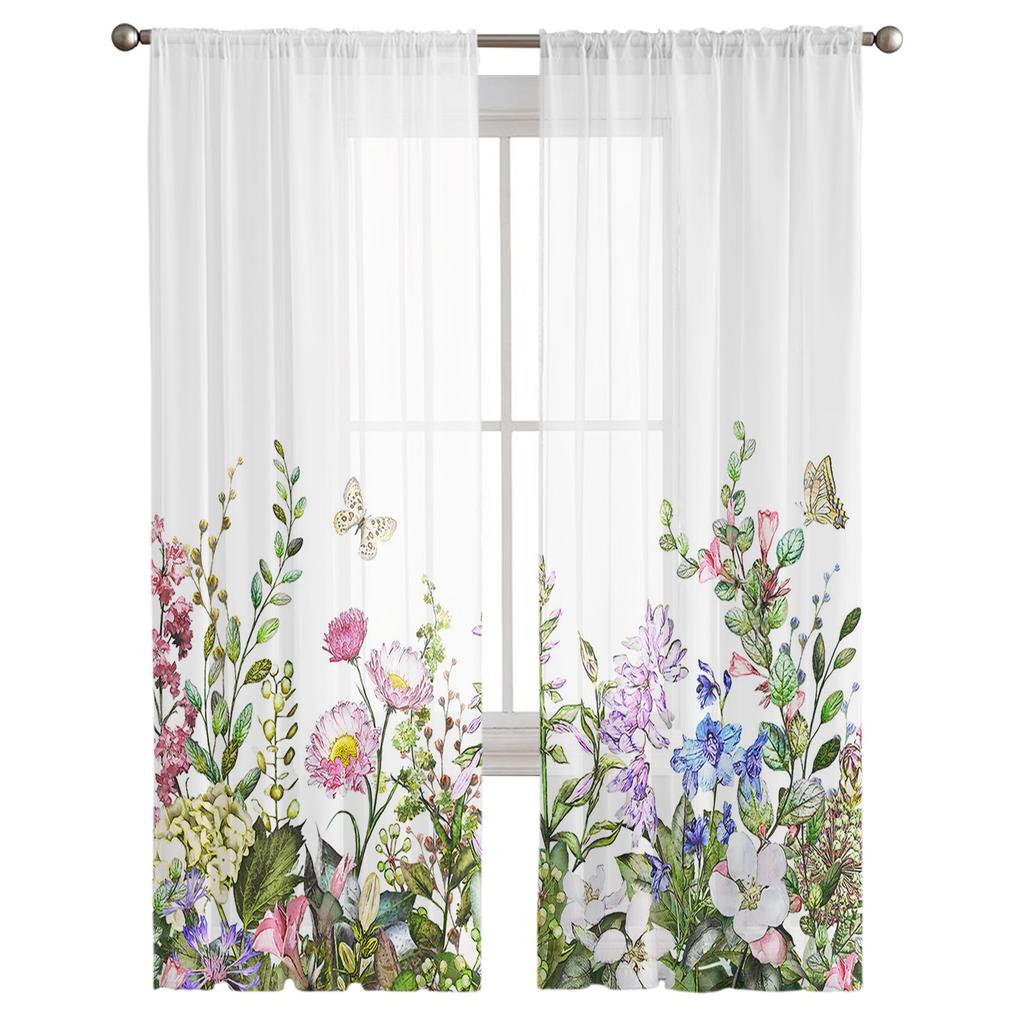 Vintage Watercolor Herb Modern Curtain For Living Room Transparent Tulle Curtains Window Sheer For The Bedroom Accessories Decor