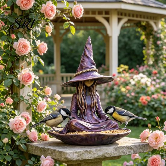 Gartenstatue für den Außenbereich Meditierende Hexe Vogelhäuschen Harz Outdoor Hängende Fee Dekor Samen Draußen Zen Terrasse Hinterhof Dekorativ