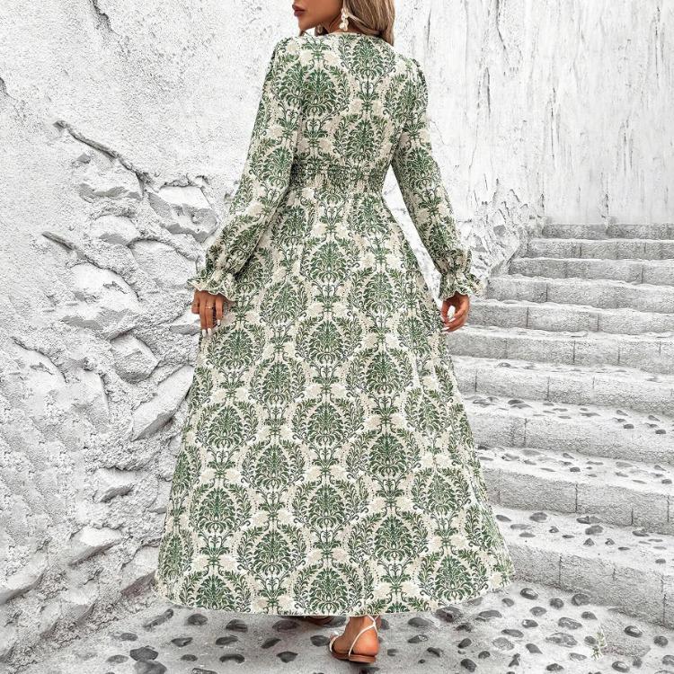 A-Line Dress Women Floral Print Ankle-Length Long Sleeve Casual High Waist Spring Summer V-neck Elastic Dresses