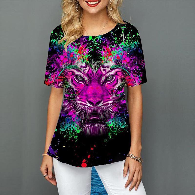 Kvinner Plus Size T-skjorter for kvinner med korte ermer Fargerike Tiger 3d-trykk Løse fritidsoverdeler Uregelmessige sommerklær kvinner