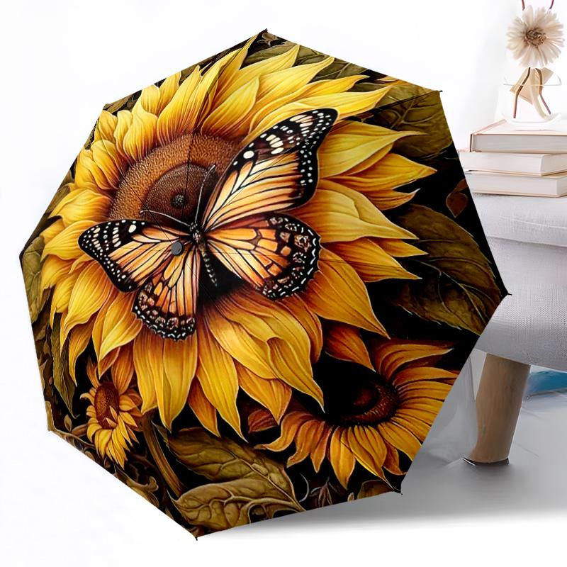 Sunflower Garden Pattern Outdoor Automatic Umbrella Compact 8-Rib Lightweight Durable Everyday Carry Umbrella Accessory Stylish Gift Women