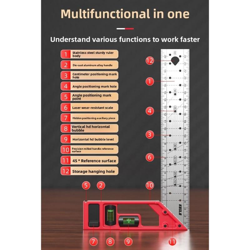 Multifunctional Steel Right Angles Hole Marking Ruler with Bubble Levels T Square Ruler For Woodworking Precise Measuring