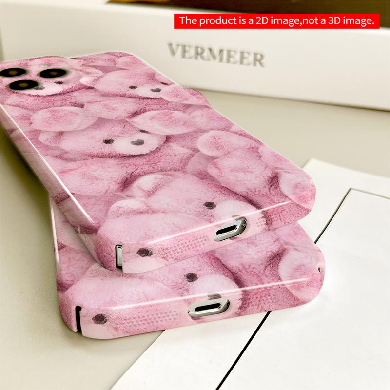 2DFlat Pink Teddy Bear Soft Fuzzy Phone Case All Inclusive Film Hard iPhone Case, Compatible with iPhone 18 Pro Max 17 16 15 14 13 12 11