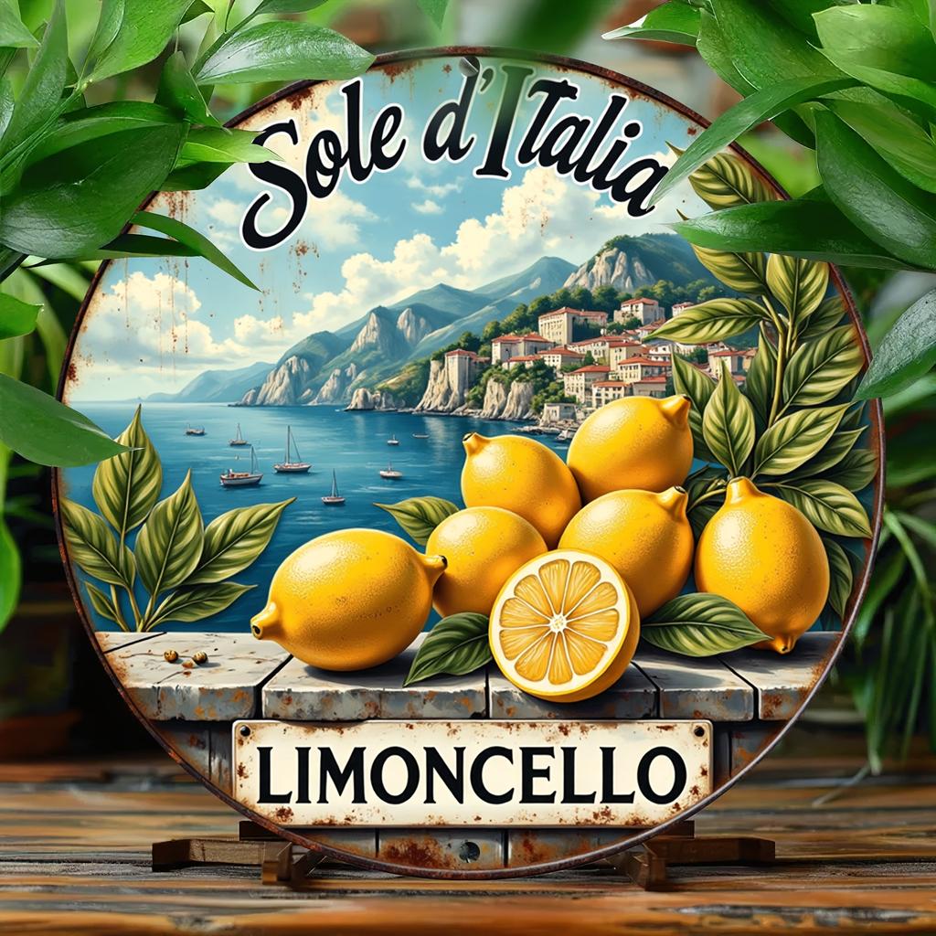 Vintage Lemon Italian Coast Metal Wall Art Rustic Aluminum Circular Sign with Limoncello Design Lemon Slices