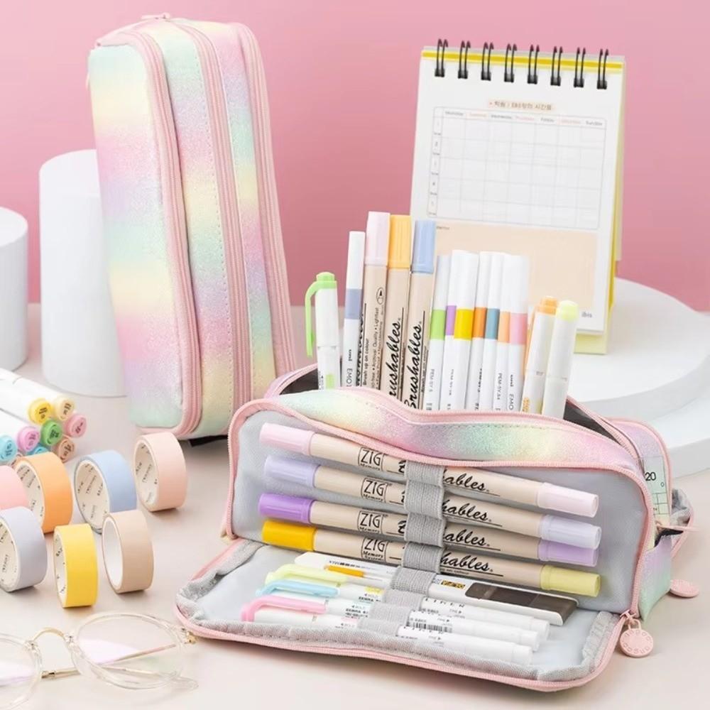 Zipper Closure Stationery Holder Bag Canvas Material Pen Case Portable Storage Organizer  For Girls