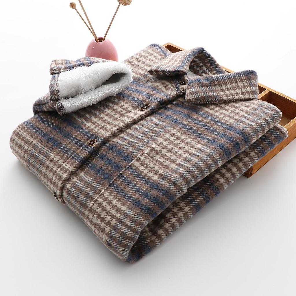Thick Plaid Shirt Women's Autumn and Winter Plus Velvet Brushed Loose Korean Retro Lazy Style Warm Woolen Coat
