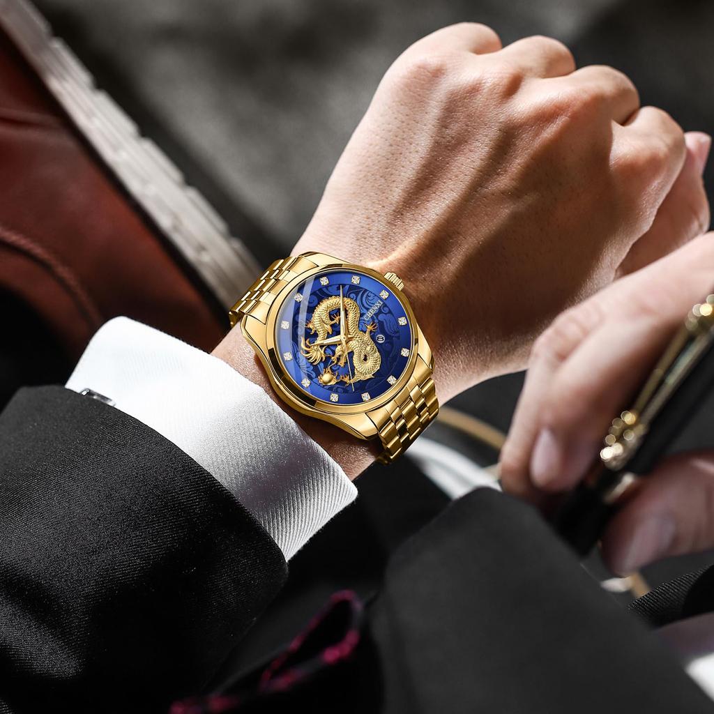 Men's Gold Dragon Watch, Stainless Steel: Luminous Analog, Calendar, Dragon, Antique Quartz Watch, 3ATM Water Resistant, Fashion Accessory - Perfect