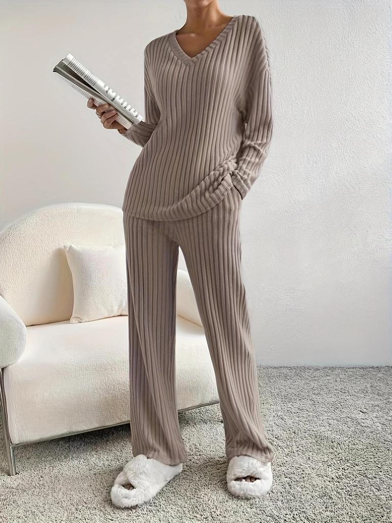 Large Ribbed V-neck Long Sleeve Women's Pant Suit Casual Two-Piece Set - 2025 Autumn/Winter Collection