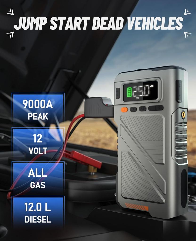 9000A Portable Jump Starter with Air Compressor, 150PSI Tire Inflator, 12V Car Jump Box with Extended Cables