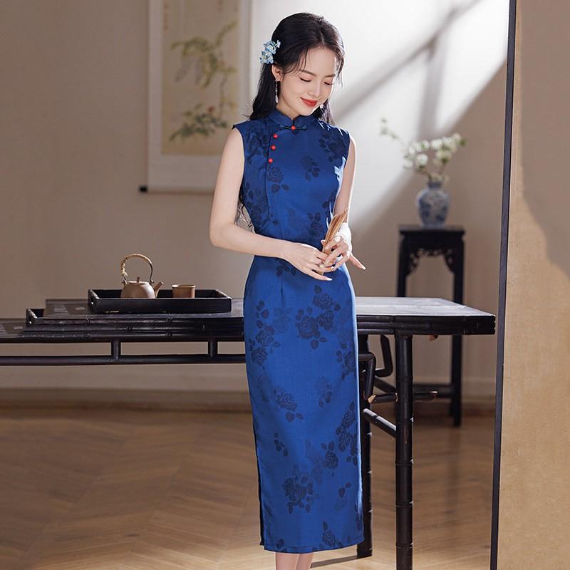 Blue Sleeveless Modern Chinese-Inspired Long Cheongsam Dress 2026 Womens Elegant Vintage Style Small