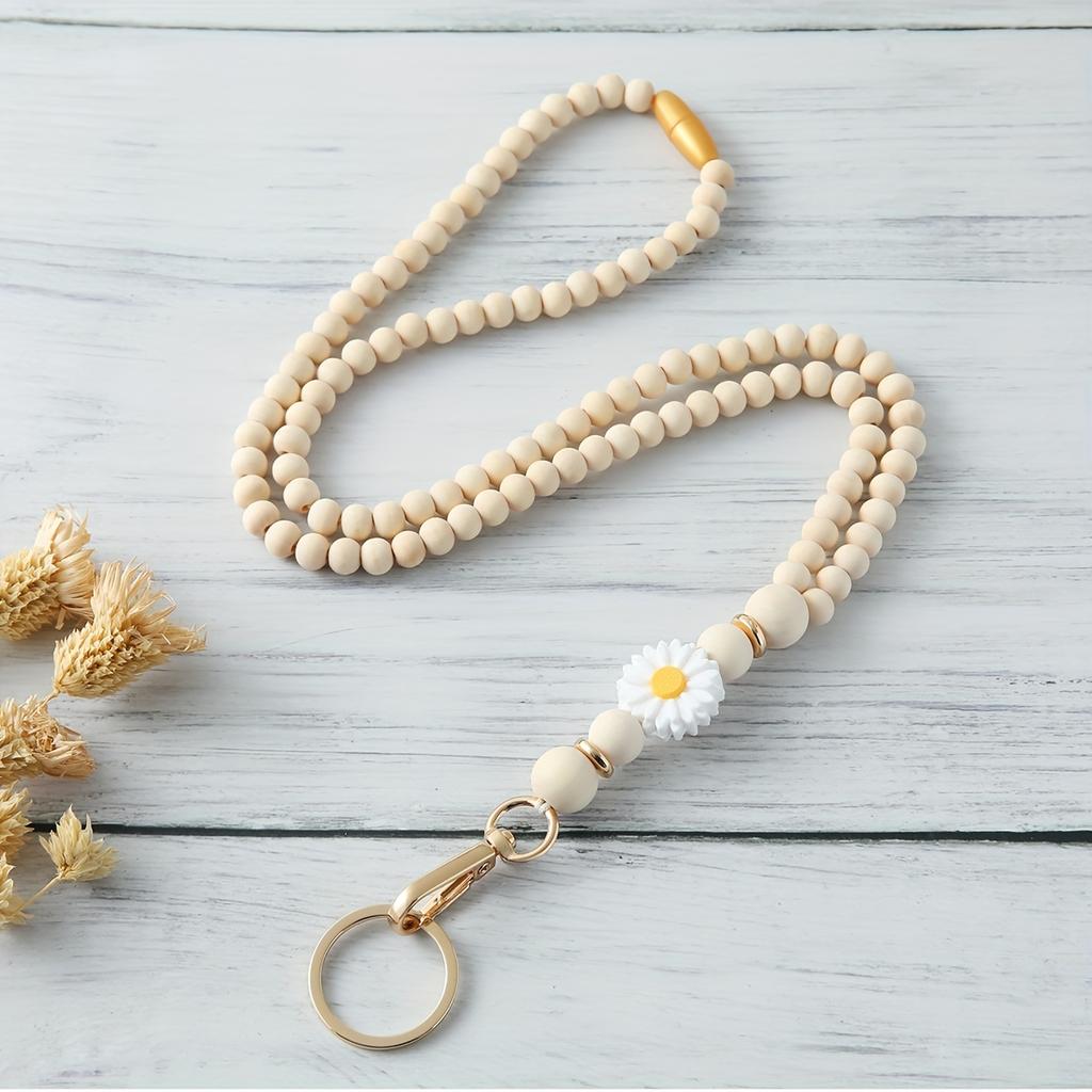 Wooden Beaded Keychain with Silicone Flower Charm - Stylish Lanyard Necklace for Keys, Badges, Light-Colored Beads & Golden Clasp, Key Necklace