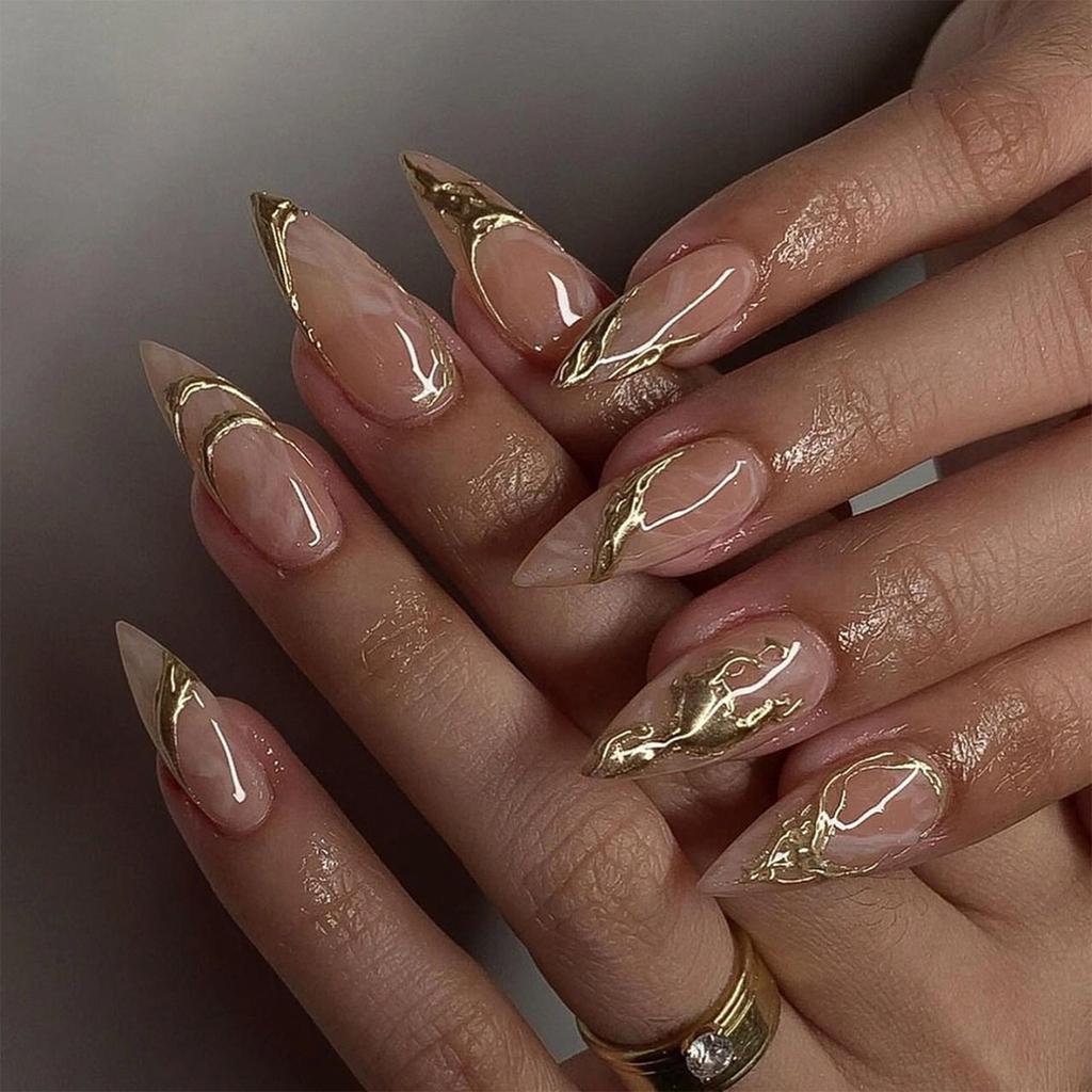 24 Stück 3D Falsche Nägel Mandelform Acrylnagel Einfacher Aufklebenagel Glänzend Vollabdeckung Aufklebenagel für Frauen Mädchen