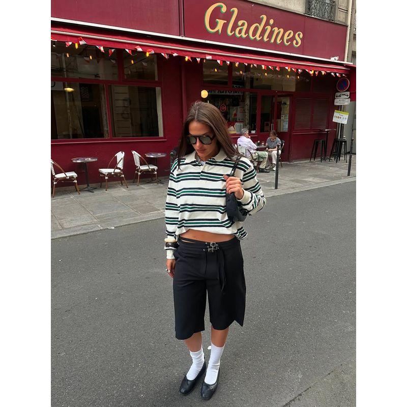 Miu Series Visual Sense American Retro Sexy Contrast Color Stripes Polo Collar Lazy Sense Long Sleeves Versatile T-shirt