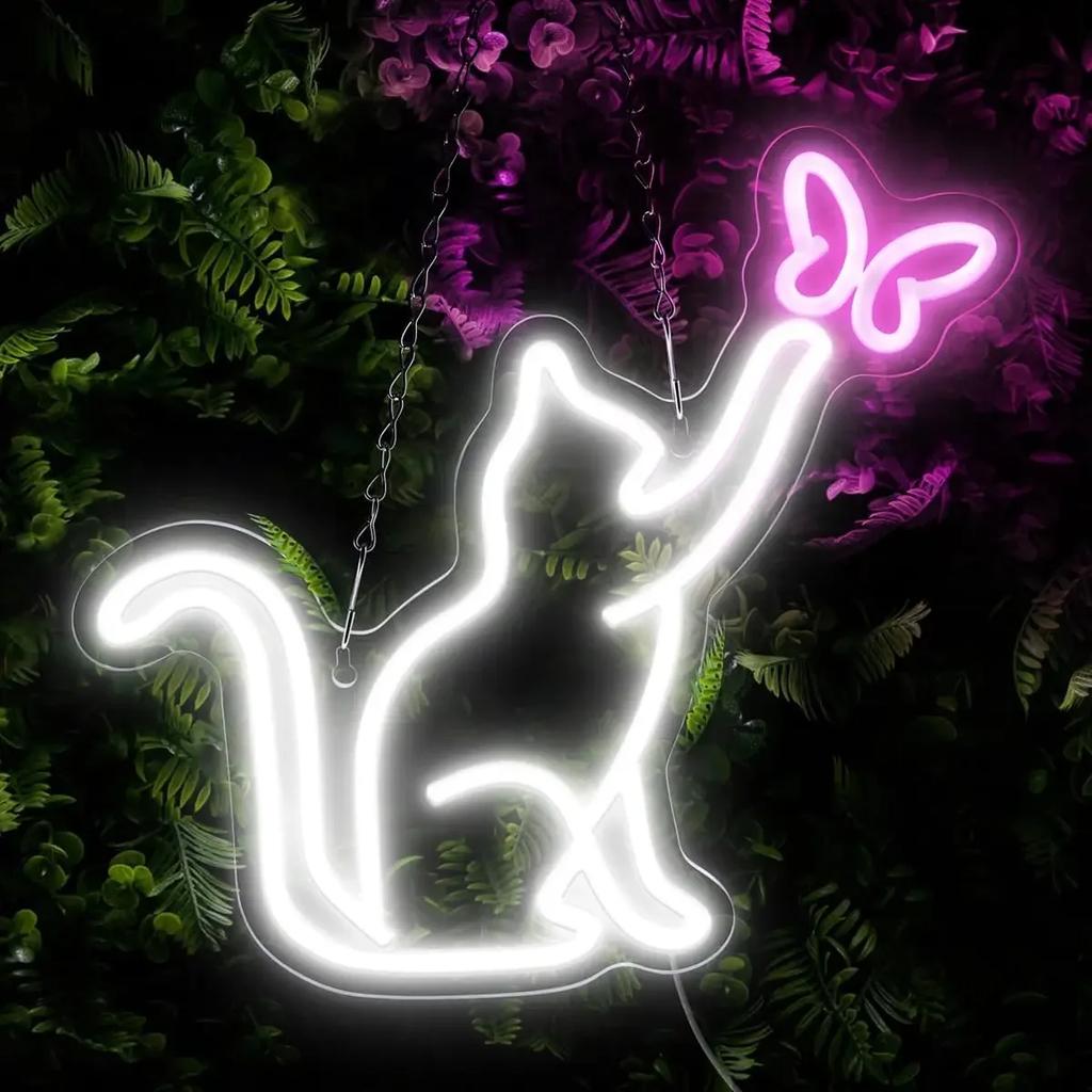 Cats And Butterflies LED Neon Sign USB Dimmable Neon Light Sign For Gameroom Bedroom Bar Livingroom Birthday Gift Wall Decor