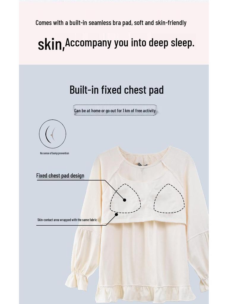 Women's French Court Style Cotton Pajama Set with Chest Pads - Long Sleeve, Long Pants for Spring & Autumn.