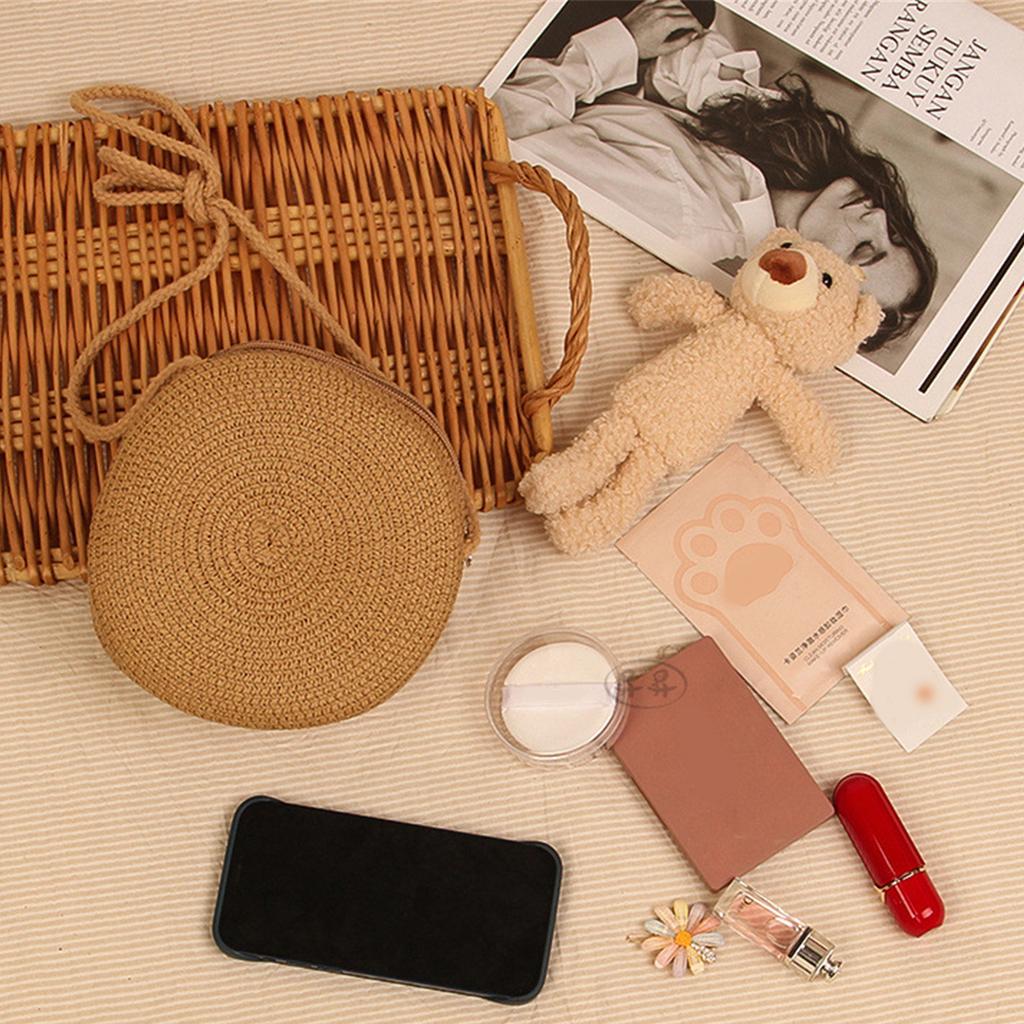 Solid Color Handwoven Bag Round Shoulder Bag Crossbody Bags for Women Girl Straw Woven Bag Large Capacity Beach Bag