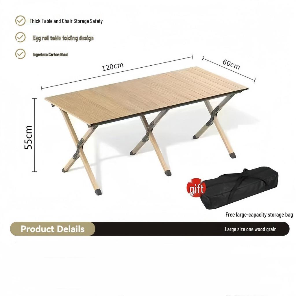 Portable Carbon Steel Roll-Up Camping Table - Foldable BBQ Picnic Dining Table with X-Shaped Legs