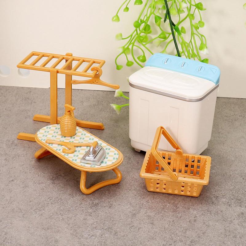 1:12 Dollhouse Miniature Washing Machine Clothes Drying Rack Iron Laundry Set Decor Toy Doll Furniture Kid'S Pretend Play Toy