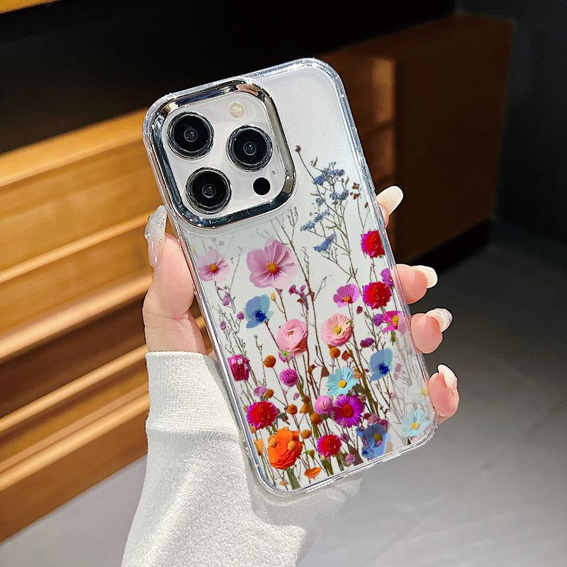 Luxury Garden Flower Case For iPhone 15 Pro Max Coque iPhone 11 12 13 14 16 Pro Max Plating Lens Clear Soft Silicone Back Cover
