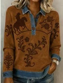2026 new European and American style 3D printing color matching denim knitted sweater women's loose long-sleeved lapel pullover cross-border explosion