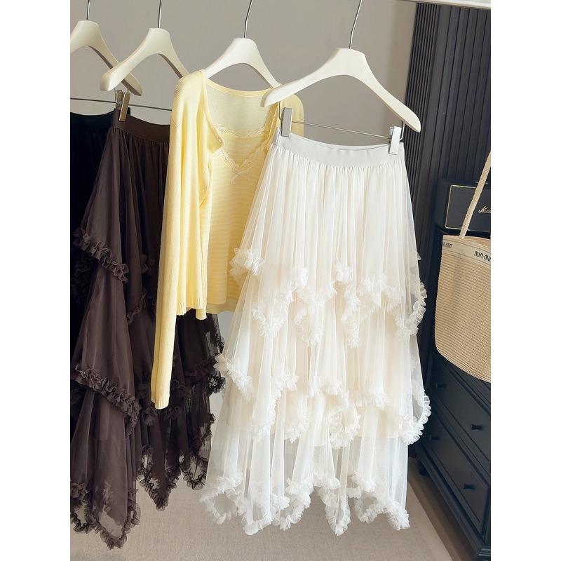 

Irregular design A word medium and long mesh cake skirt women s spring and summer new fungus edge fluffy skirt One size fits all